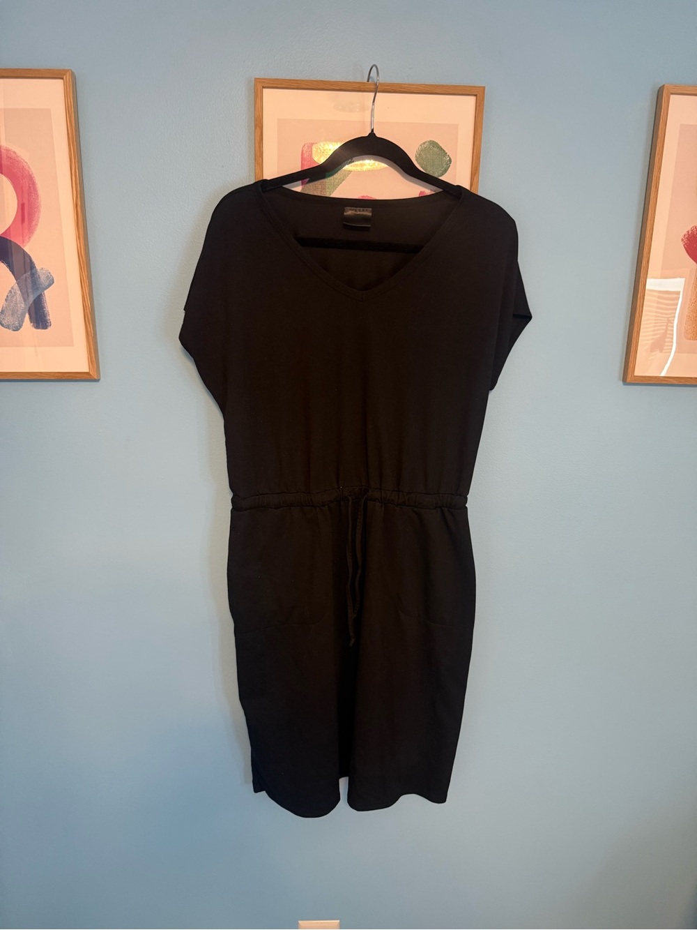 Classic Black V-Neck Drawstring Waist Dress - Women's